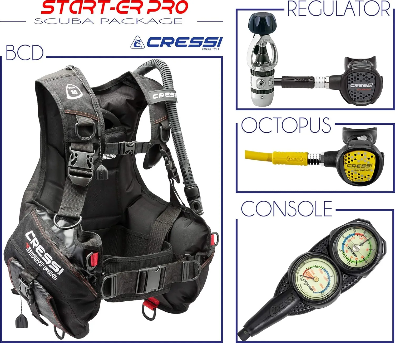 Cressi Start-er Pro Scuba Diving Package - BCD  Compact   Compact Regulator   Console - Made in Italy