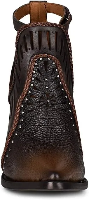Cuadra Women's Leather Ankle Bootie, Brown Perforated Design, 3.2-Inch Cuban Heel, Side Zip