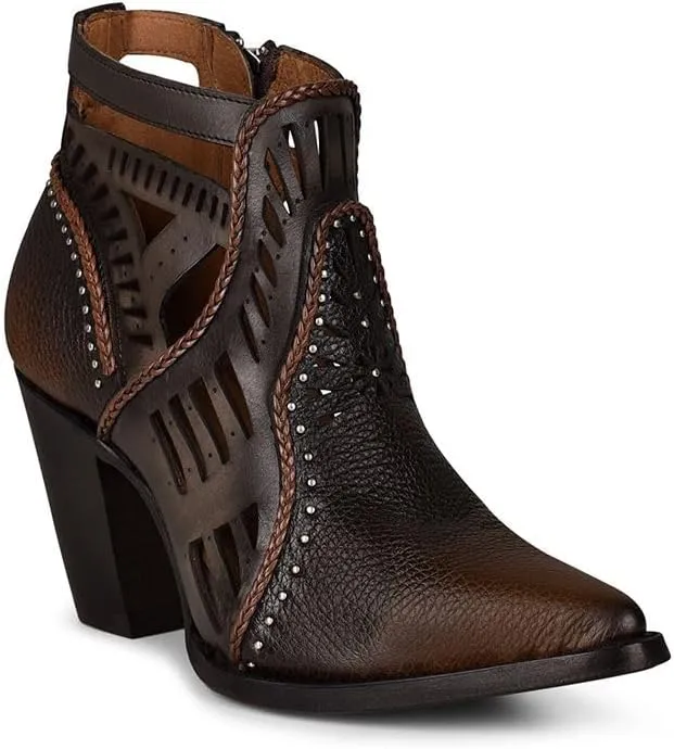 Cuadra Women's Leather Ankle Bootie, Brown Perforated Design, 3.2-Inch Cuban Heel, Side Zip