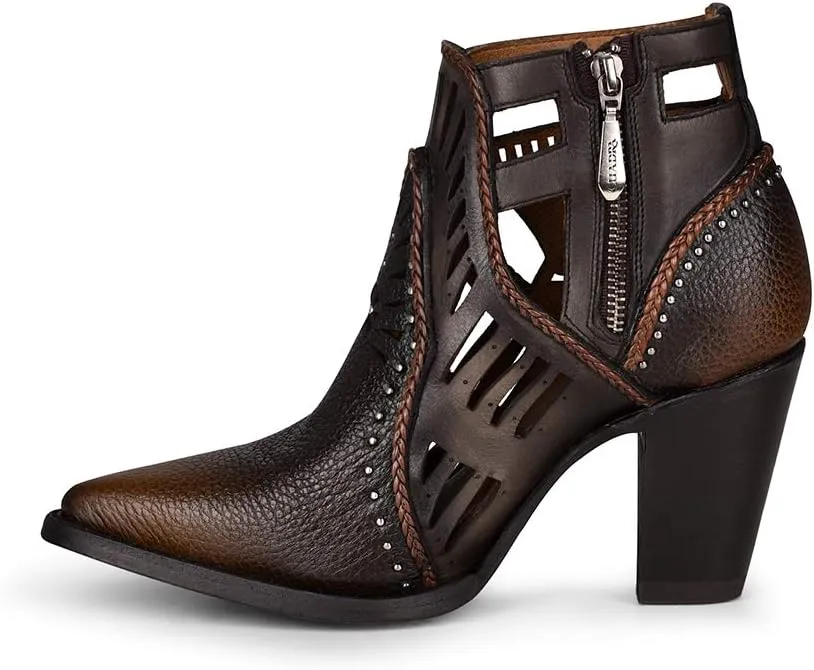 Cuadra Women's Leather Ankle Bootie, Brown Perforated Design, 3.2-Inch Cuban Heel, Side Zip