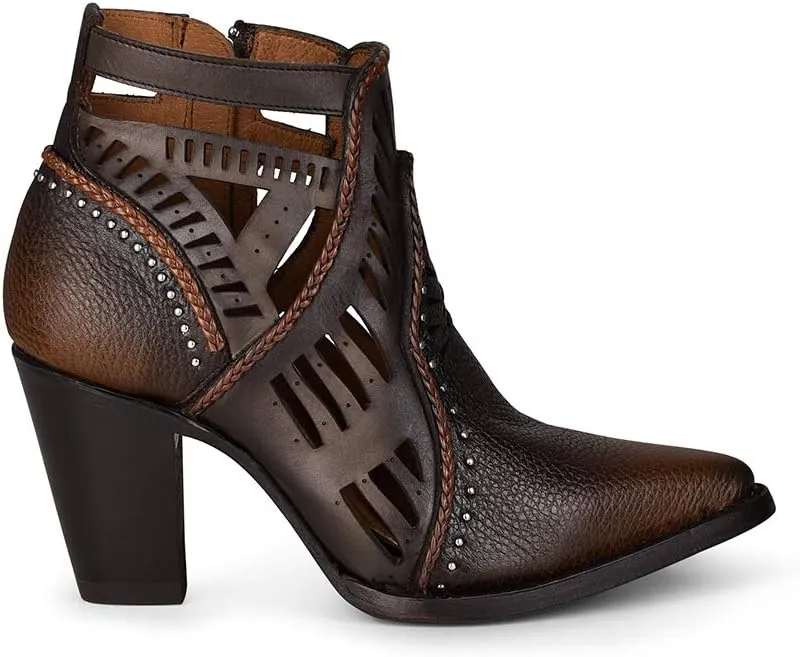 Cuadra Women's Leather Ankle Bootie, Brown Perforated Design, 3.2-Inch Cuban Heel, Side Zip