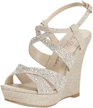 David's Bridal High Heel Wedge Sandal with Crystal Embellishment Style BALLE8, Nude Metallic, 7.5