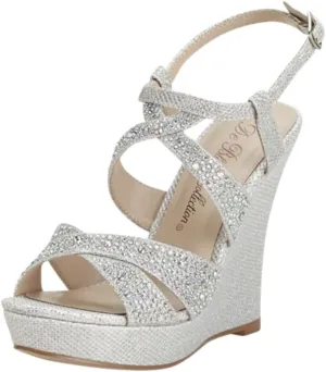 David's Bridal High Heel Wedge Sandal with Crystal Embellishment Style BALLE8, Silver Metallic, 5.5