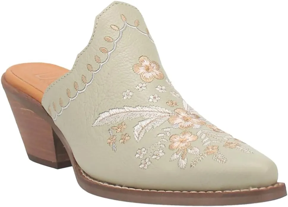 Dingo Womens Wildflower Floral Embroidered Round Toe Mule Casual Boots Mid Heel 2-3" - Off White