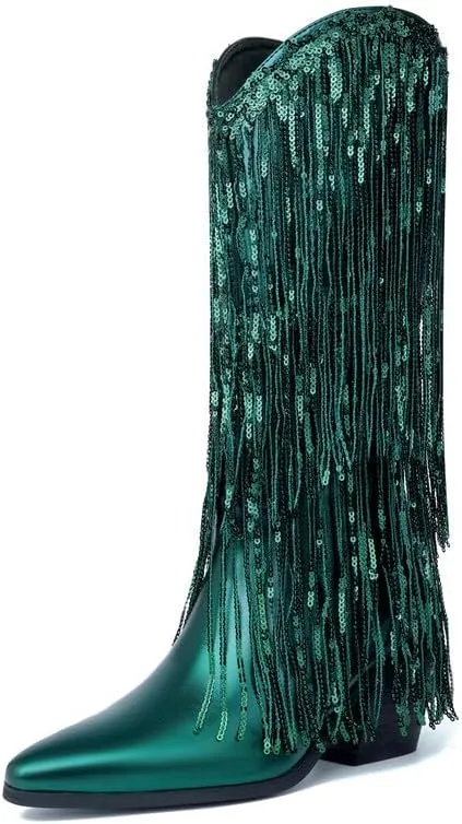 DOREENDORIS Fringe Boots for Women Metallic Cowboy Boots Pointed Toe Chunky Heel Mid Calf Sparkly Cowgirl Boots