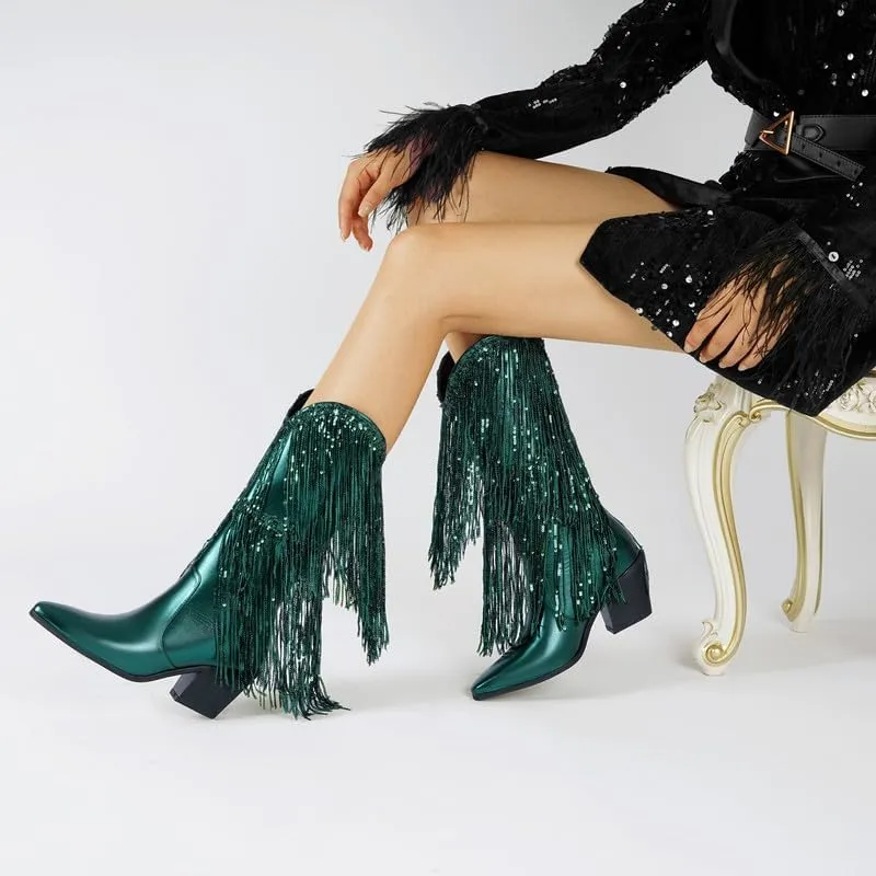 DOREENDORIS Fringe Boots for Women Metallic Cowboy Boots Pointed Toe Chunky Heel Mid Calf Sparkly Cowgirl Boots