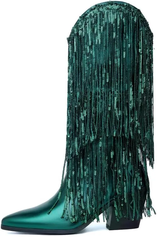 DOREENDORIS Fringe Boots for Women Metallic Cowboy Boots Pointed Toe Chunky Heel Mid Calf Sparkly Cowgirl Boots