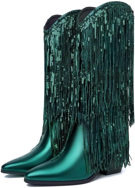 DOREENDORIS Fringe Boots for Women Metallic Cowboy Boots Pointed Toe Chunky Heel Mid Calf Sparkly Cowgirl Boots