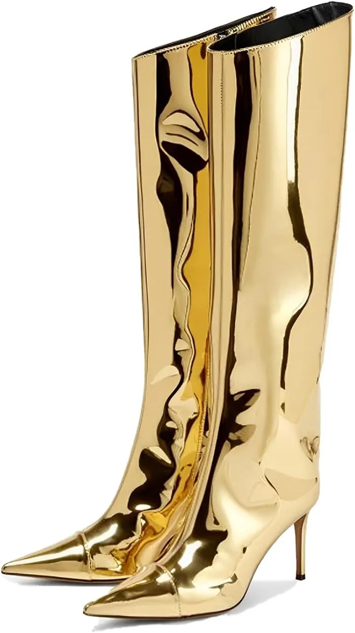 DOREENDORIS Metallic Boots for Women Pointed Toe Side Zipper Sexy Stiletto High Heel Knee High Boots