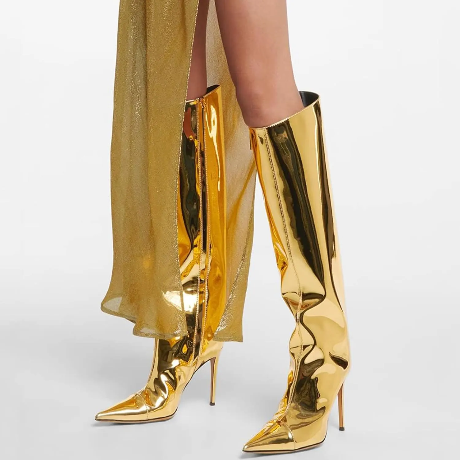 DOREENDORIS Metallic Boots for Women Pointed Toe Side Zipper Sexy Stiletto High Heel Knee High Boots