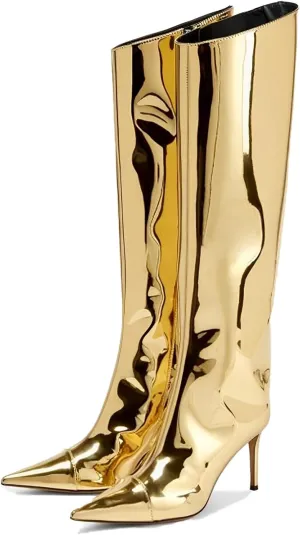DOREENDORIS Metallic Boots for Women Pointed Toe Side Zipper Sexy Stiletto High Heel Knee High Boots