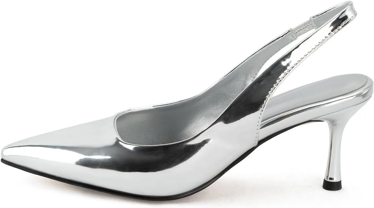 DREAMCIA Women's Pumps Slingback Heels Pointed Toe Sling Back Kitten Heels Women Metallic Slingback Pumps Bride Dresses Wedding Shoes