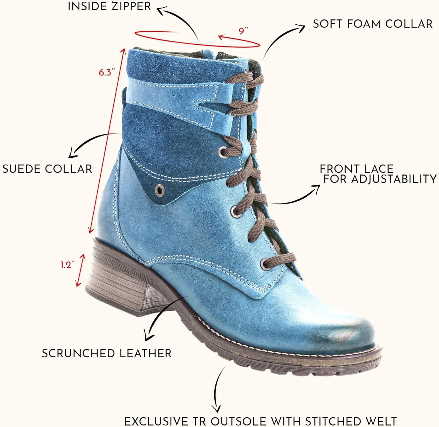 Dromedaris Women's Kara Combat Lace-up Comfort Boot with Inside Zip