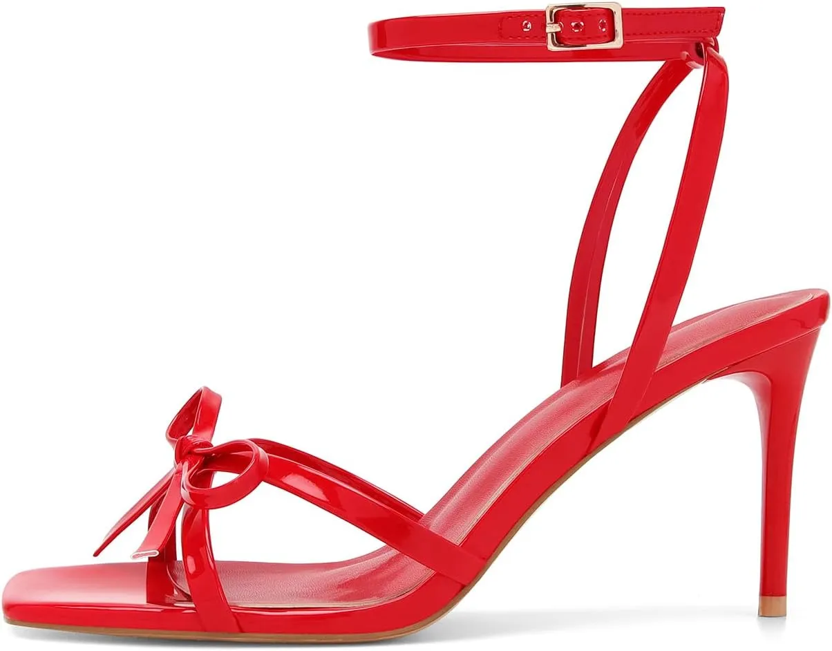 Dsevht Gold Bow Heels for Women Sexy Stiletto Strappy Heeled Sandals Square Open Toe Bow Knot Metallic Slingback Heels Dress Shoes