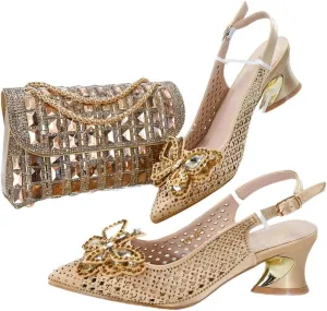 Durable Slingback Block Heel Sandals and Shiny Metallic Shoulder Bag Set for Ladies Cocktail Parties Travel