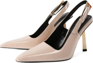 Eldof Slingback Heels for Women Metallic Buckle Square Toe Slip On Gold Stilettos High Heel Pumps Shoes Dressy 4 Inches