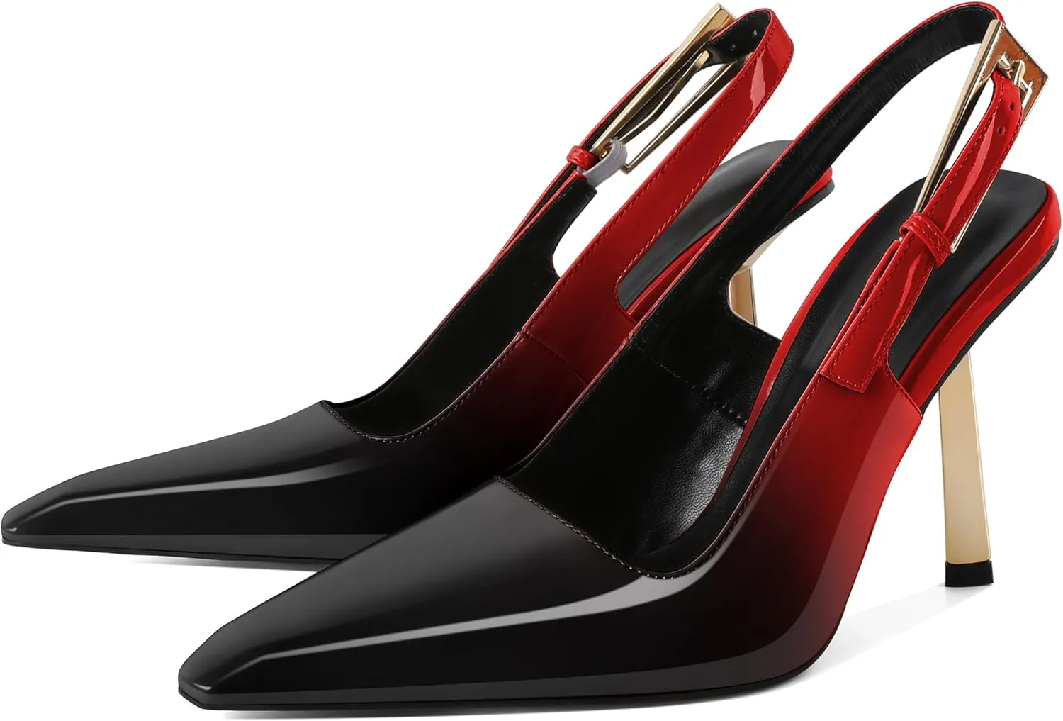Eldof Slingback Heels for Women Metallic Buckle Square Toe Slip On Gold Stilettos High Heel Pumps Shoes Dressy 4 Inches
