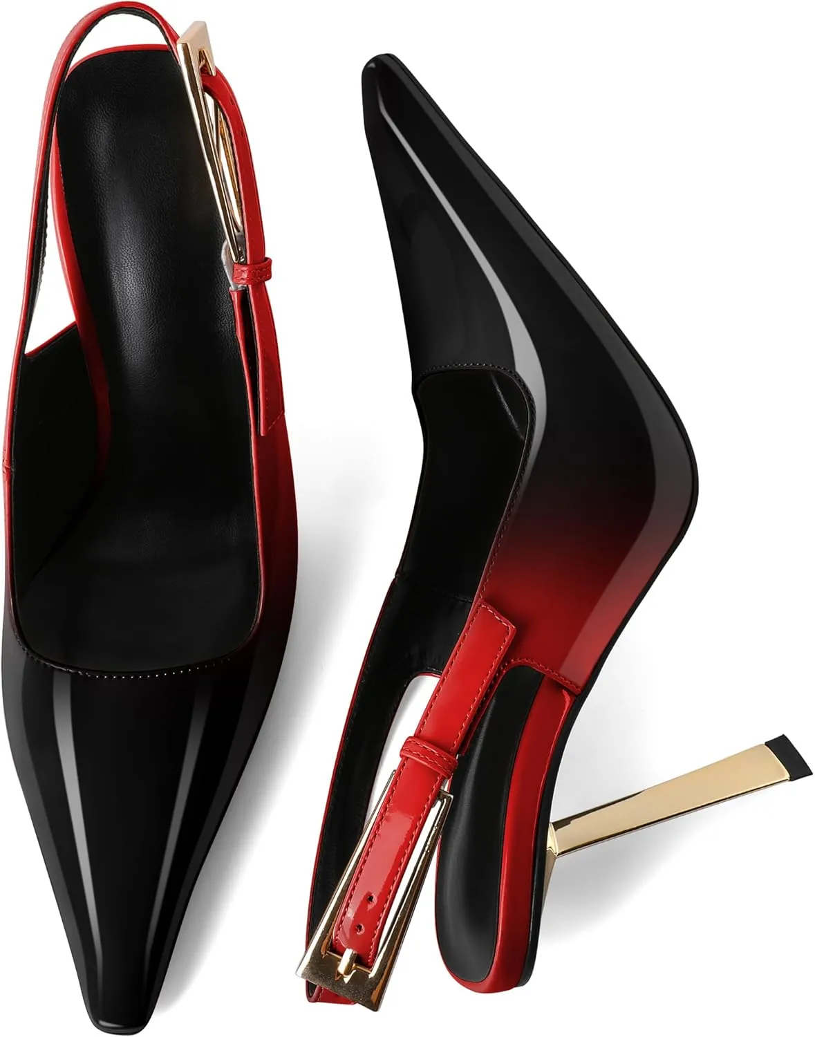 Eldof Slingback Heels for Women Metallic Buckle Square Toe Slip On Gold Stilettos High Heel Pumps Shoes Dressy 4 Inches