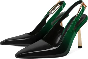 Eldof Slingback Heels for Women Metallic Buckle Square Toe Slip On Gold Stilettos High Heel Pumps Shoes Dressy 4 Inches