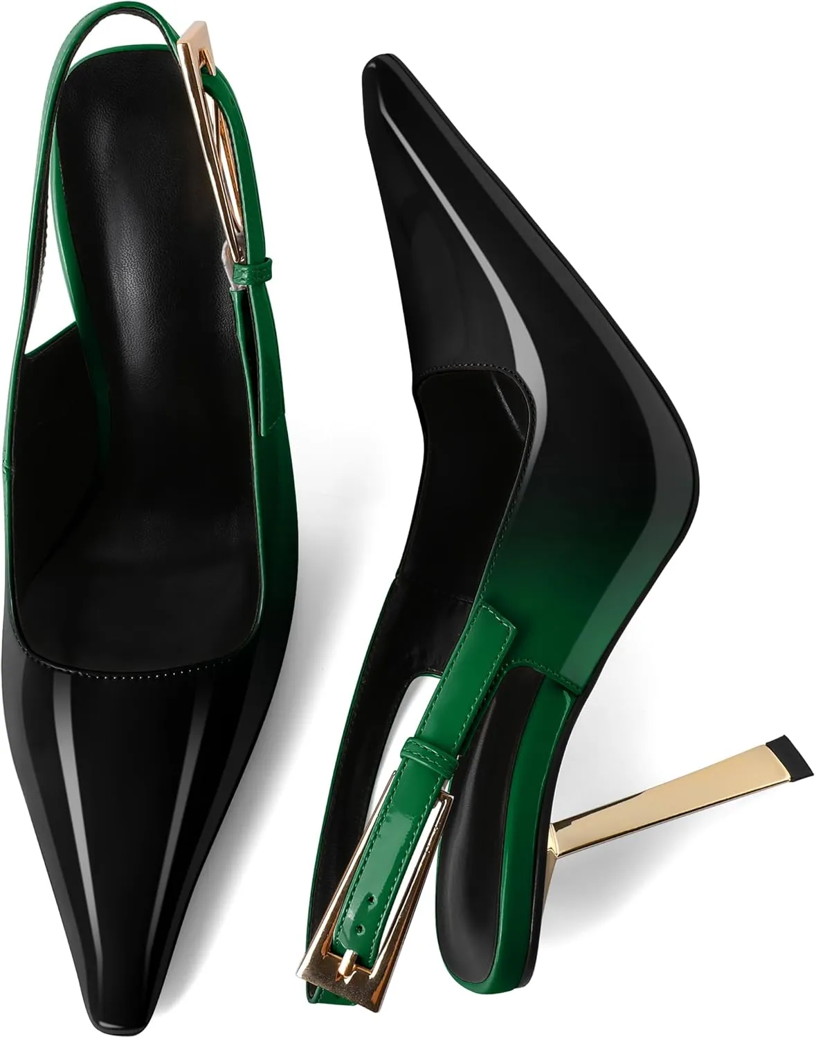 Eldof Slingback Heels for Women Metallic Buckle Square Toe Slip On Gold Stilettos High Heel Pumps Shoes Dressy 4 Inches