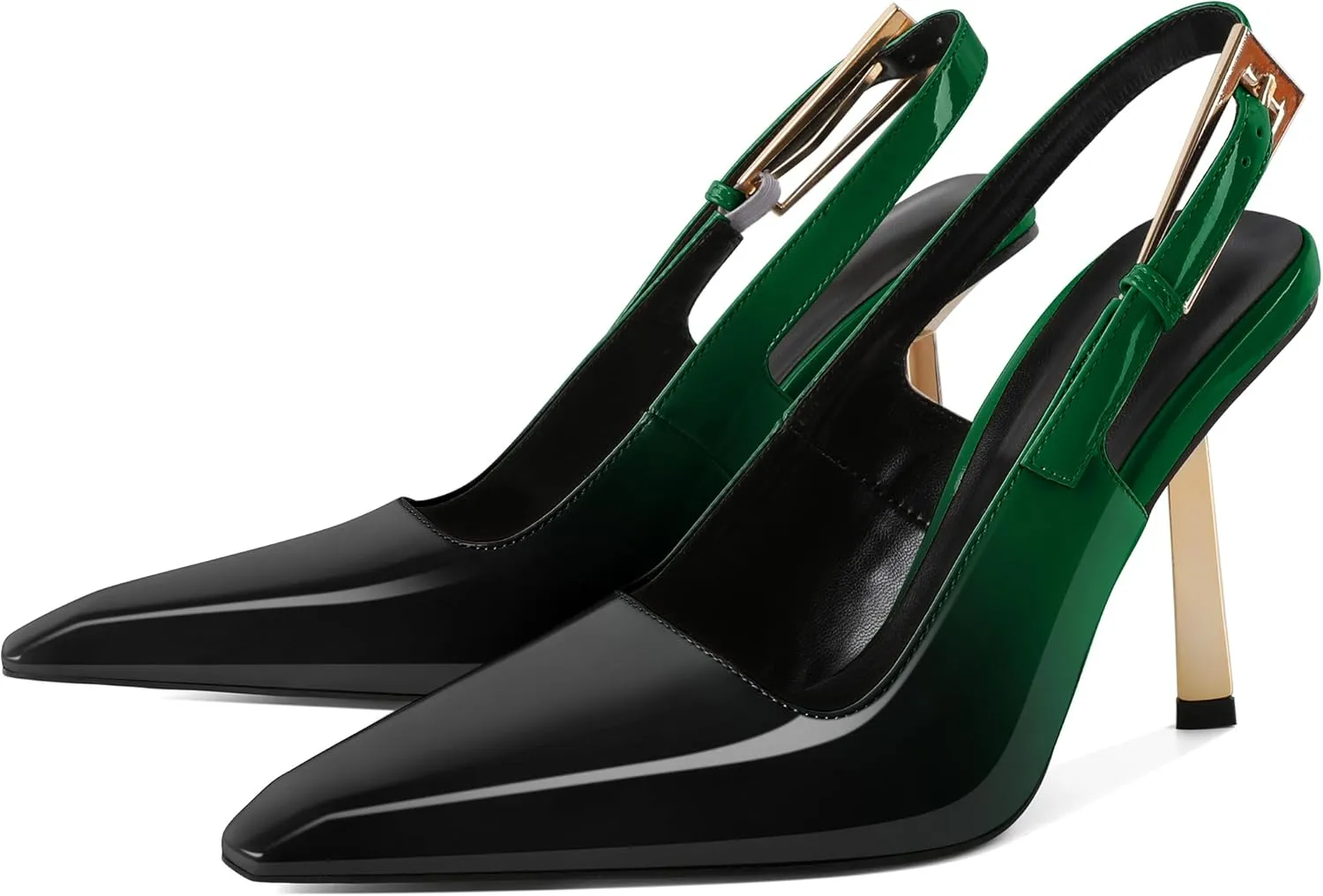 Eldof Slingback Heels for Women Metallic Buckle Square Toe Slip On Gold Stilettos High Heel Pumps Shoes Dressy 4 Inches