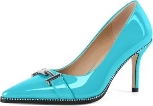 Eldof Women's High Heel Pumps Pointed Toe Slip On Metallic Buckle Stiletto Heels Studed Beaded Pumps Shoes Women 3.5 Inches