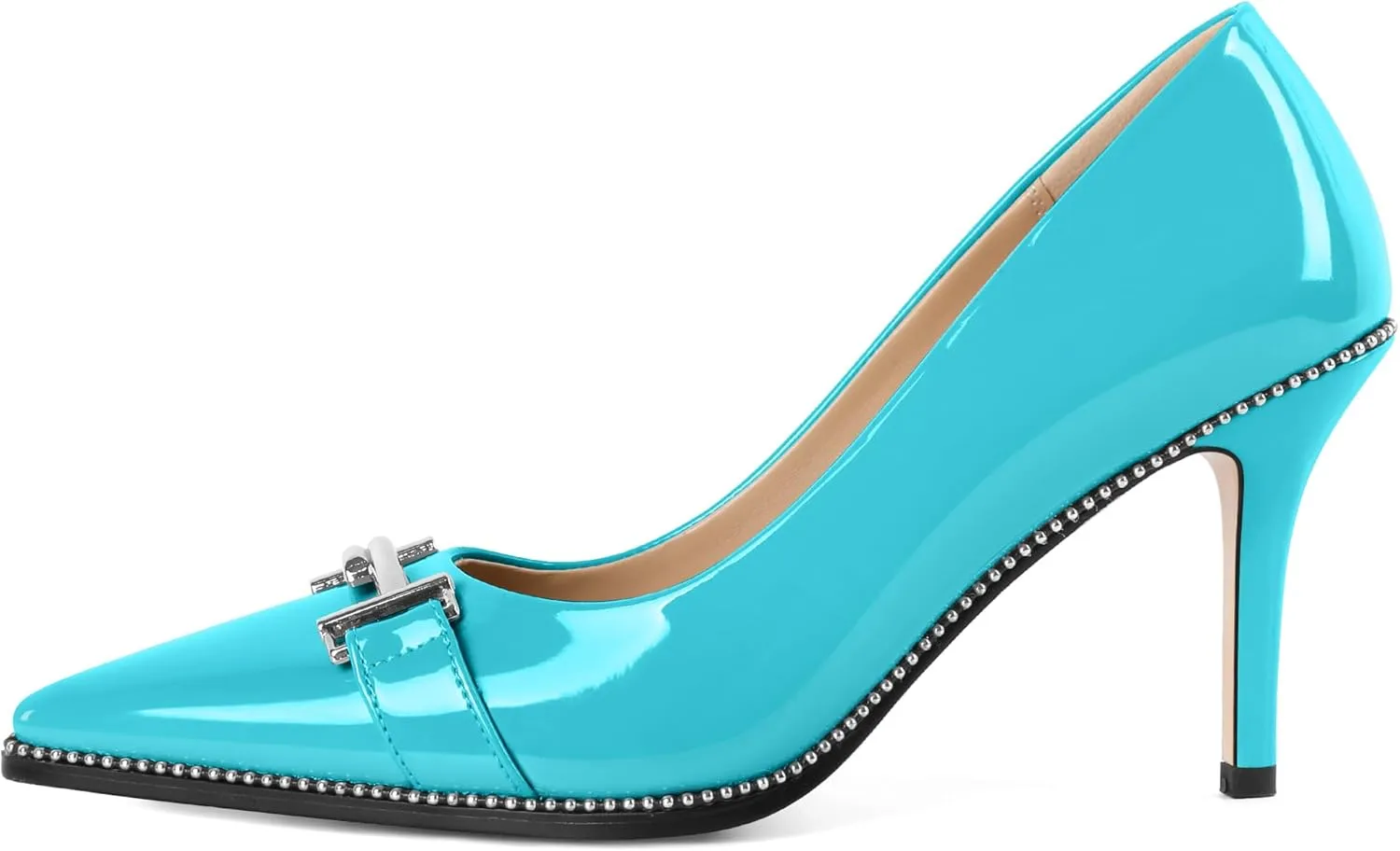 Eldof Women's High Heel Pumps Pointed Toe Slip On Metallic Buckle Stiletto Heels Studed Beaded Pumps Shoes Women 3.5 Inches