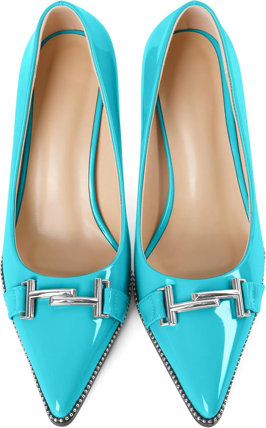 Eldof Women's High Heel Pumps Pointed Toe Slip On Metallic Buckle Stiletto Heels Studed Beaded Pumps Shoes Women 3.5 Inches