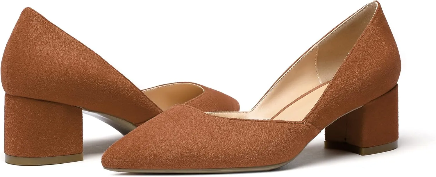 Eldof Women's Pointed Toe Cut Out D'Orsay Slip On Mid Block Heel Pumps Comfortable 2 Inch Block Heels for Dress Party Wedding