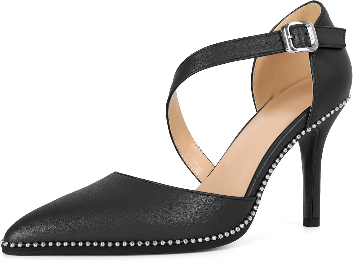 Esvowido Pointed Closed Toe Heels for Women Beaded Ankle Strap Pumps D'Orsay Stiletto High Heels Office Party Wedding 3.5 Inch Dress Shoes