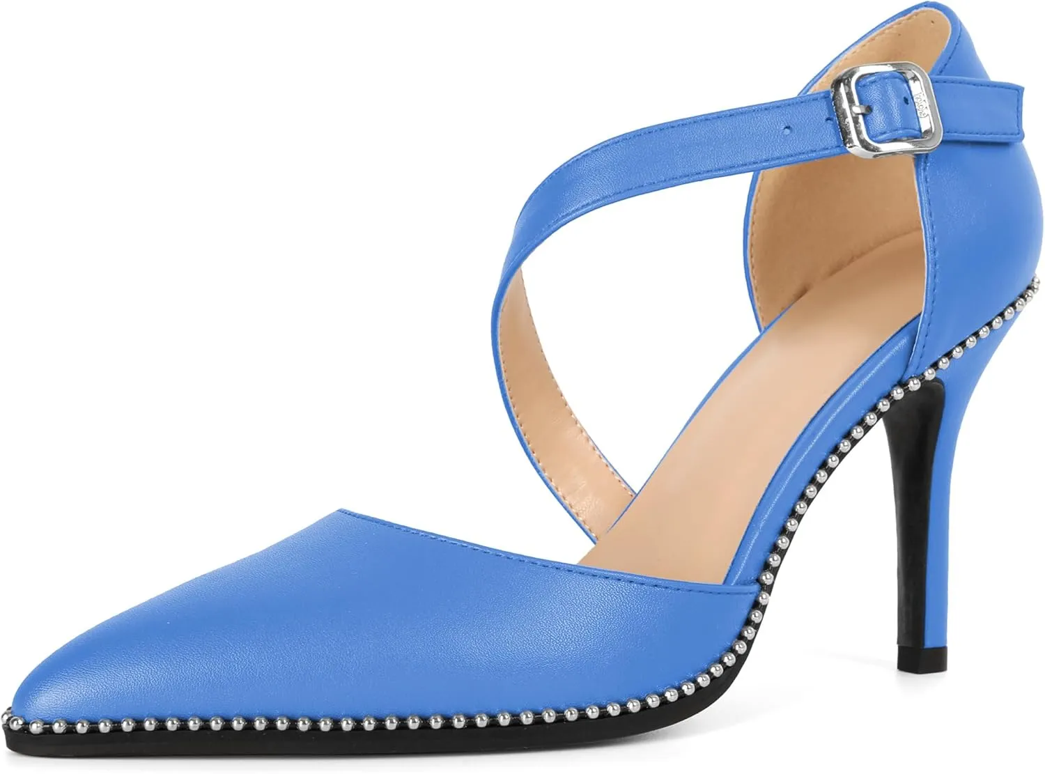 Esvowido Pointed Closed Toe Heels for Women Beaded Ankle Strap Pumps D'Orsay Stiletto High Heels Office Party Wedding 3.5 Inch Dress Shoes