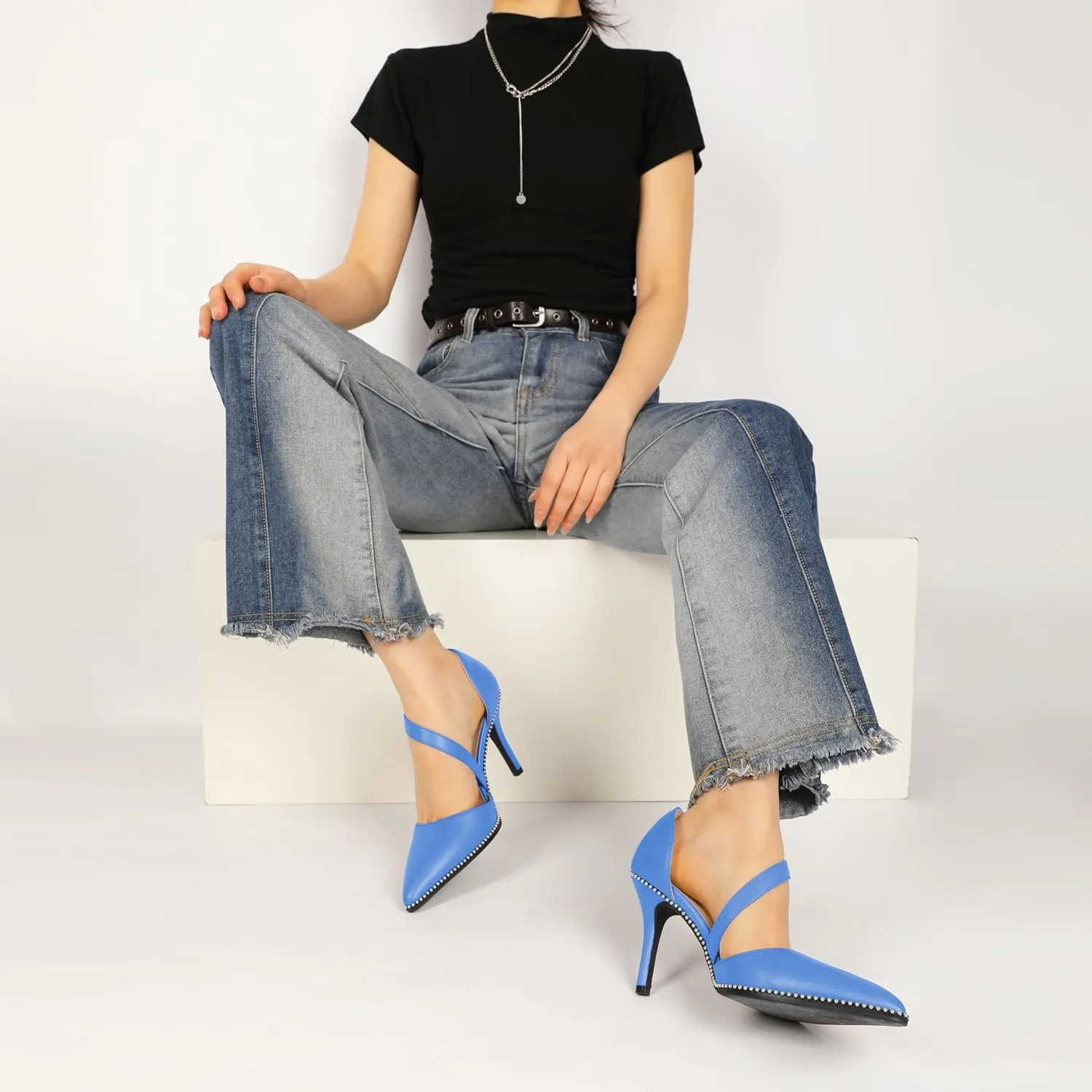 Esvowido Pointed Closed Toe Heels for Women Beaded Ankle Strap Pumps D'Orsay Stiletto High Heels Office Party Wedding 3.5 Inch Dress Shoes