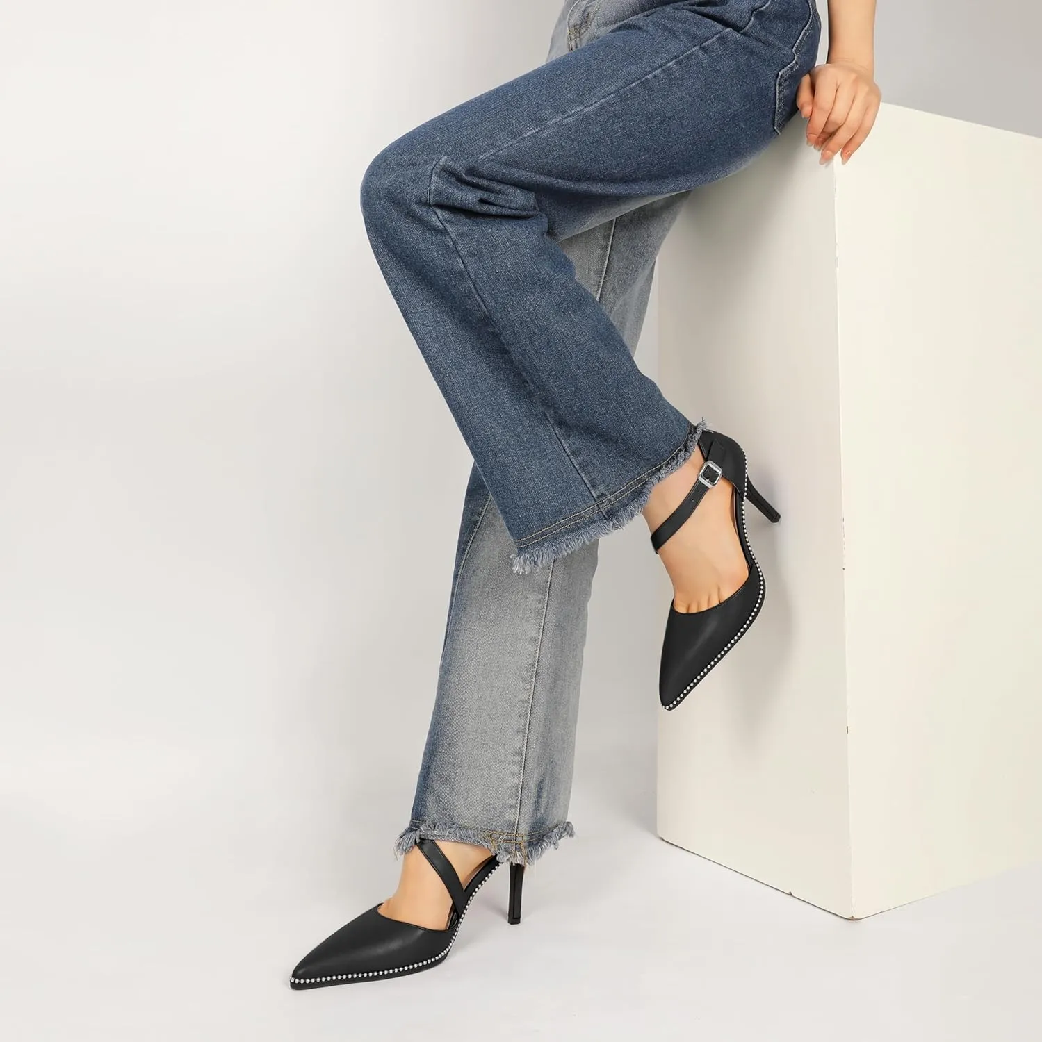 Esvowido Pointed Closed Toe Heels for Women Beaded Ankle Strap Pumps D'Orsay Stiletto High Heels Office Party Wedding 3.5 Inch Dress Shoes