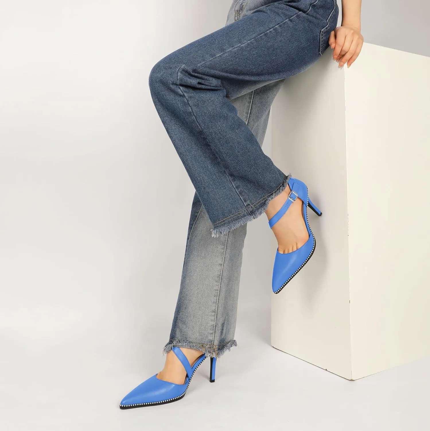 Esvowido Pointed Closed Toe Heels for Women Beaded Ankle Strap Pumps D'Orsay Stiletto High Heels Office Party Wedding 3.5 Inch Dress Shoes