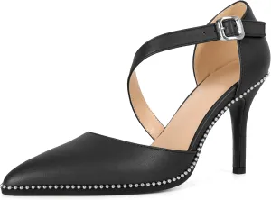 Esvowido Pointed Closed Toe Heels for Women Beaded Ankle Strap Pumps D'Orsay Stiletto High Heels Office Party Wedding 3.5 Inch Dress Shoes