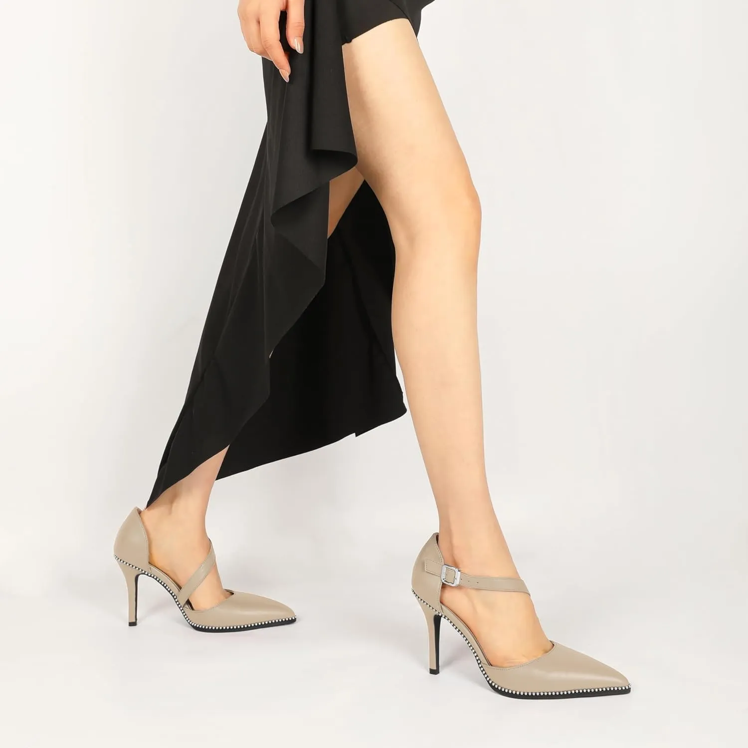 Esvowido Pointed Closed Toe Heels for Women Beaded Ankle Strap Pumps D'Orsay Stiletto High Heels Office Party Wedding 3.5 Inch Dress Shoes