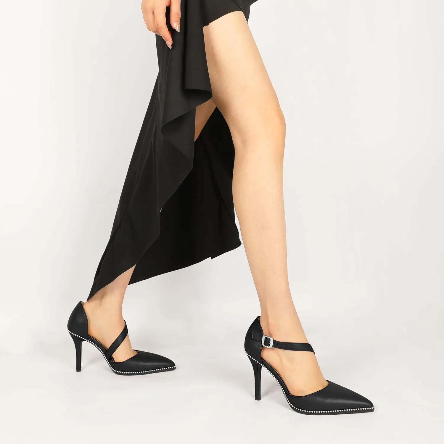 Esvowido Pointed Closed Toe Heels for Women Beaded Ankle Strap Pumps D'Orsay Stiletto High Heels Office Party Wedding 3.5 Inch Dress Shoes