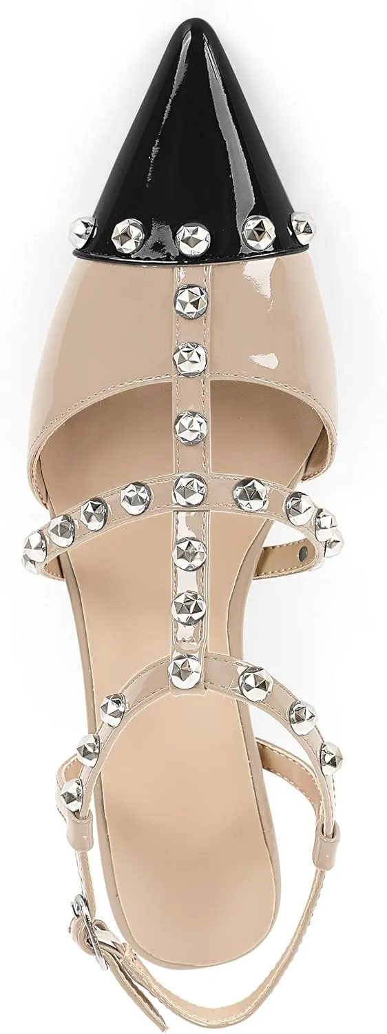 Esvowido Womens Slingback Kitten Heels Pointed Toe Pumps Studded T-Strap Low Heels 2 Inch Closed Toe Work Wedding Party Dress Shoes
