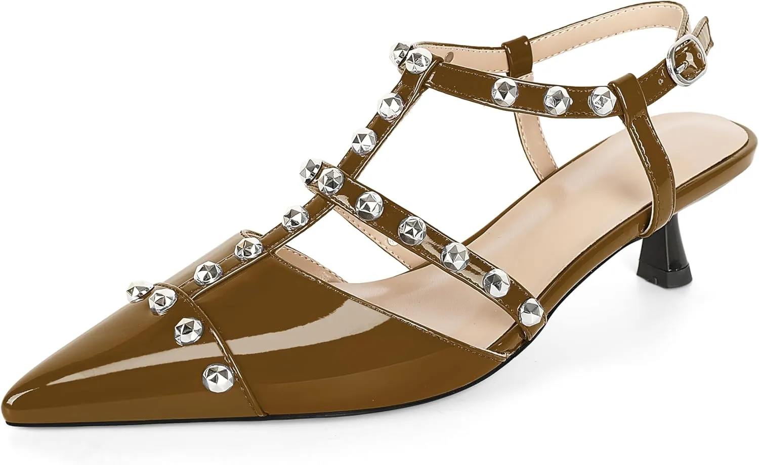 Esvowido Womens Slingback Kitten Heels Pointed Toe Pumps Studded T-Strap Low Heels 2 Inch Closed Toe Work Wedding Party Dress Shoes