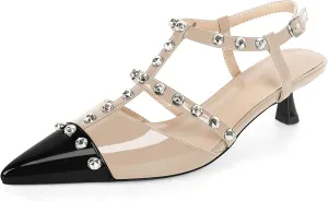 Esvowido Womens Slingback Kitten Heels Pointed Toe Pumps Studded T-Strap Low Heels 2 Inch Closed Toe Work Wedding Party Dress Shoes