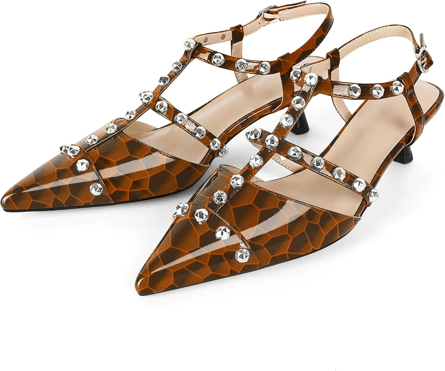 Esvowido Womens Slingback Kitten Heels Pointed Toe Pumps Studded T-Strap Low Heels 2 Inch Closed Toe Work Wedding Party Dress Shoes
