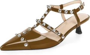 Esvowido Womens Slingback Kitten Heels Pointed Toe Pumps Studded T-Strap Low Heels 2 Inch Closed Toe Work Wedding Party Dress Shoes