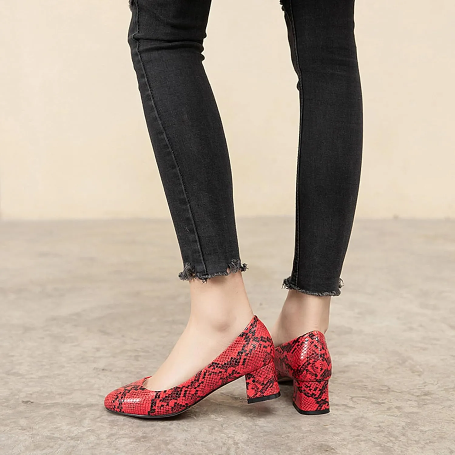 Fashion Mid Heel Pointed Toe Snakeskin Women Court Shoes