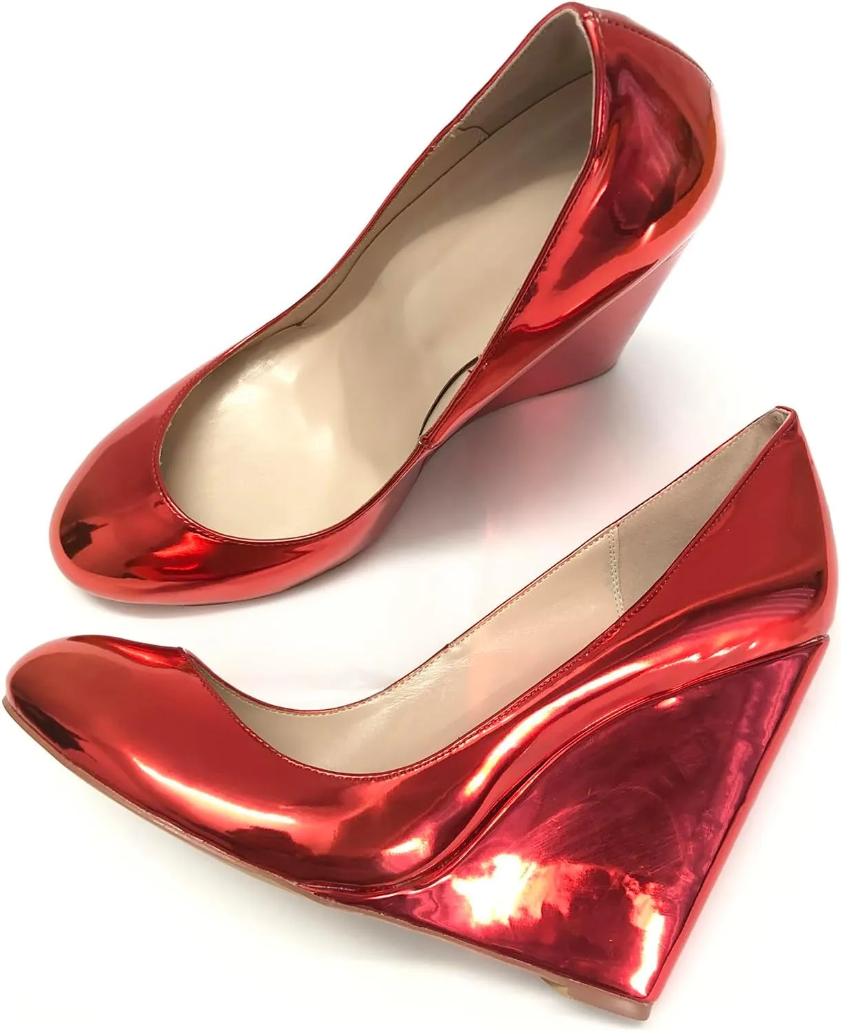 Fashion Women's Wedge Heels Shiny Red Metallic Round Toe High Heel Pumps Ladies Party Wedding Evening Wedges Comfortable