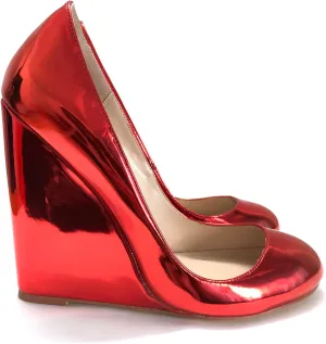 Fashion Women's Wedge Heels Shiny Red Metallic Round Toe High Heel Pumps Ladies Party Wedding Evening Wedges Comfortable