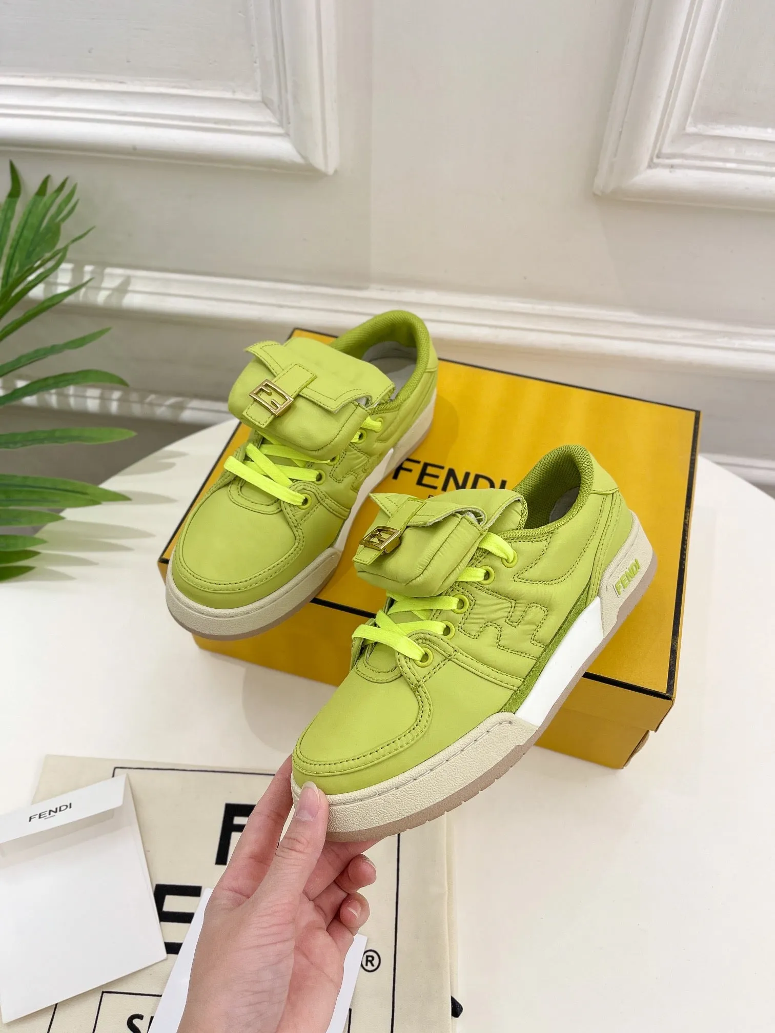 FENDI Act now IN YELLOWISH TRAINER SNEAKER Premium-grade GREEN LAMBSKIN FENDI