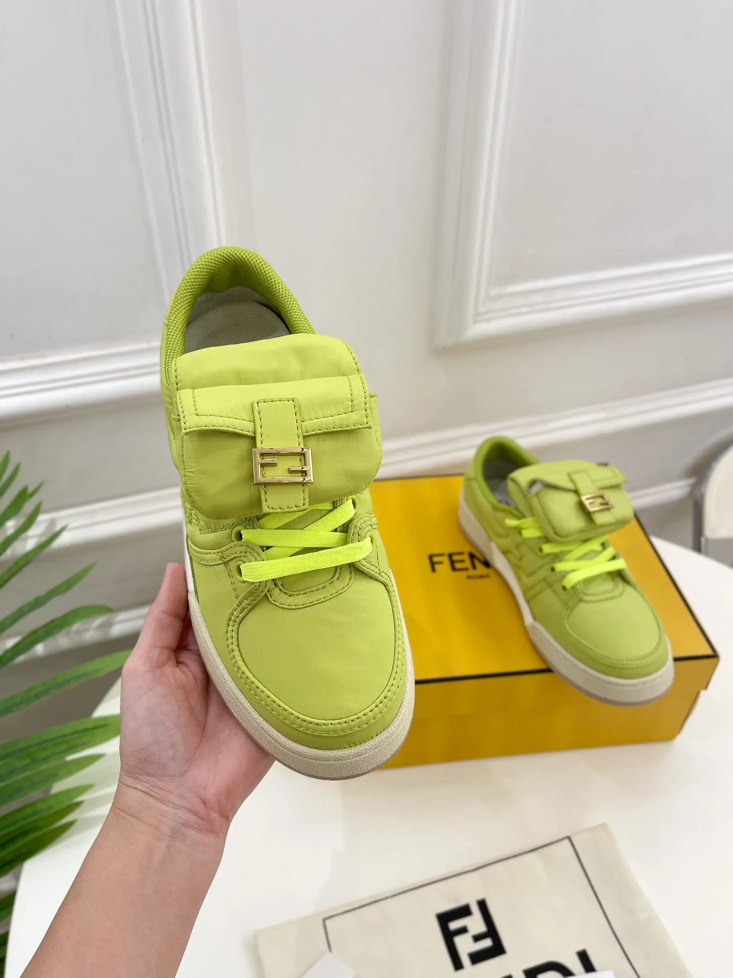 FENDI Act now IN YELLOWISH TRAINER SNEAKER Premium-grade GREEN LAMBSKIN FENDI