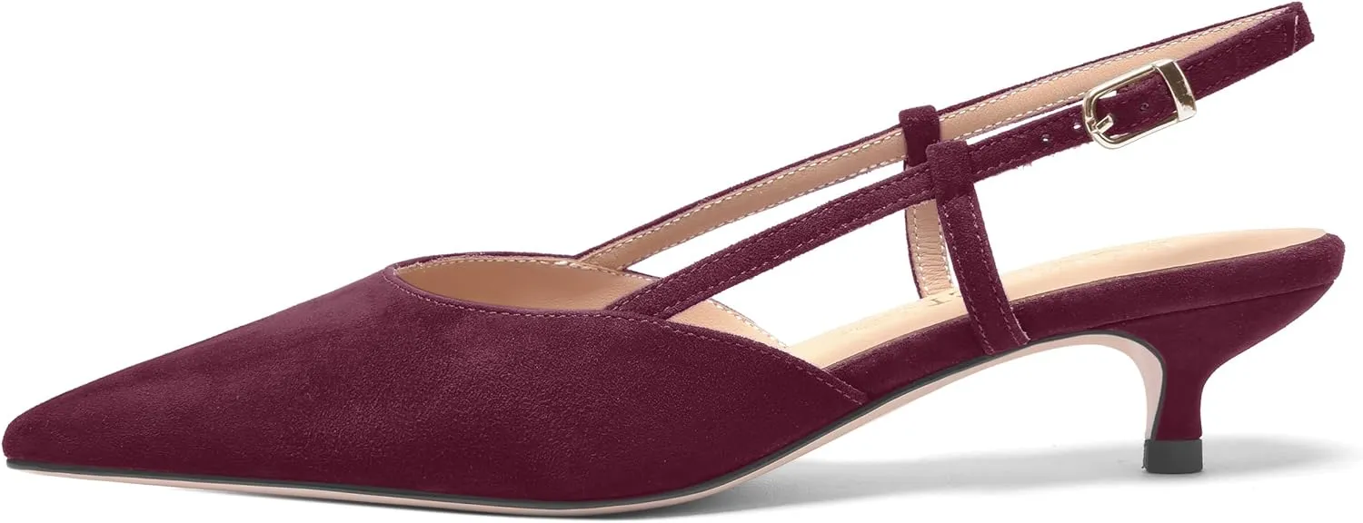 FOGEENA Womens Pointed Toe Evening Slip On Dress Suede Leather Slingback Kitten Low Heel Pumps Shoes 1.5 Inch