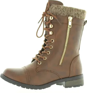 Forever Link Womens Mango-31 Round Toe Military Lace Up Knit Ankle Cuff Low Heel Combat Boots