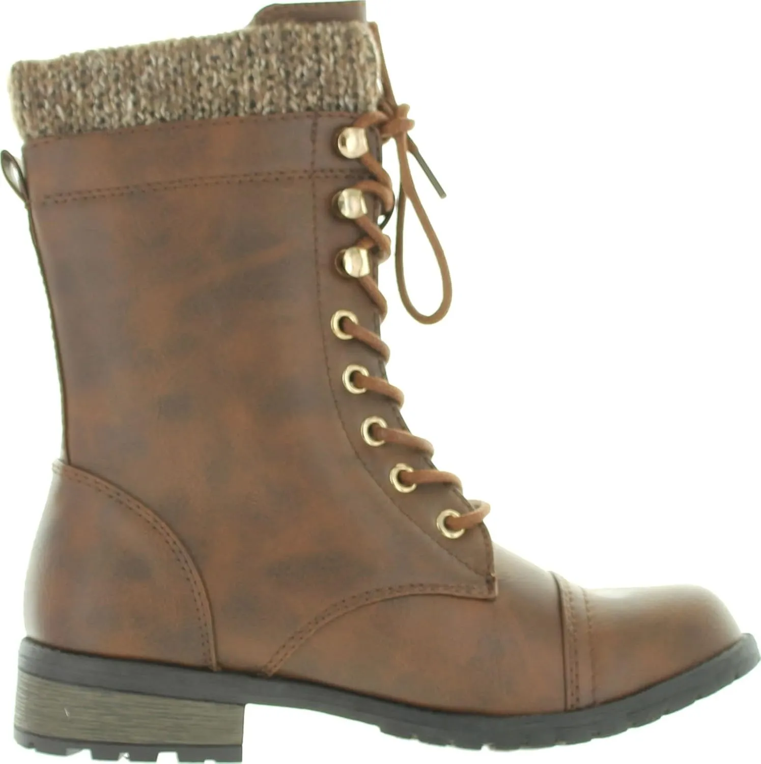 Forever Link Womens Mango-31 Round Toe Military Lace Up Knit Ankle Cuff Low Heel Combat Boots